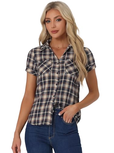 Allegra K Damen Kariertes Hemd Shirt Kariert Kurzarm Classic Oberteil mit Taschen Karo Bluse Weiß Dunkelblau XS von Allegra K