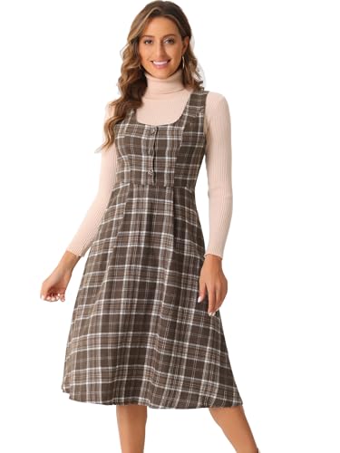 Allegra K Damen Kariertes Vintage Kleid Ärmellos Hohe Taille A-Linie Midi-Latzkleid mit Tasche Braun M Allegra K Damen Kariertes Vintage Kleid Ärmellos Hohe Taille A-Linie Midi-Latzkleid mit Tasche Braun M von Allegra K