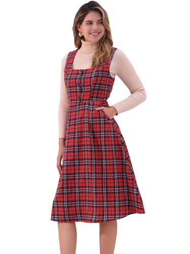 Allegra K Damen Kariertes Vintage Kleid Ärmellos Hohe Taille A-Linie Midi-Latzkleid mit Tasche Rot L Allegra K Damen Kariertes Vintage Kleid Ärmellos Hohe Taille A-Linie Midi-Latzkleid mit Tasche Rot L von Allegra K