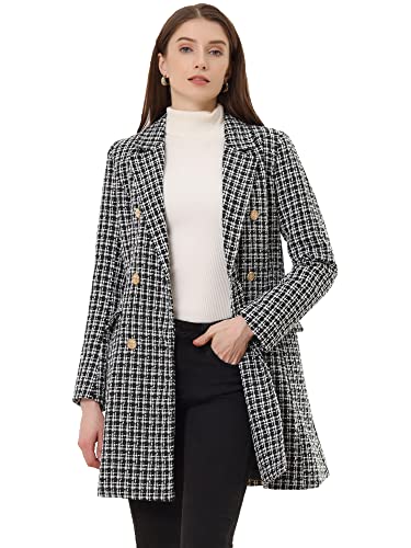 Allegra K Damen Wintermantel Karo Blazer Kariert Gekerbtes Revers Eleganter Mantel Zweireihiger Langarm Jacke Schwarz L von Allegra K