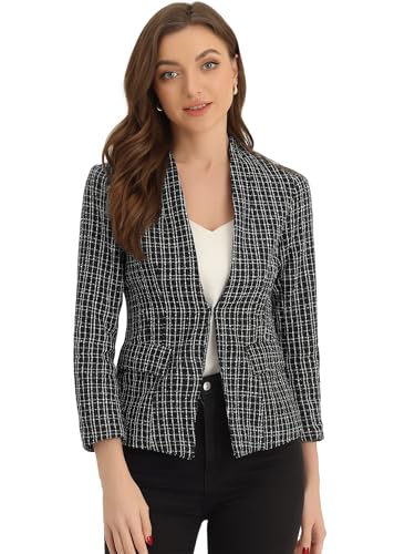 Allegra K Damen Karo Blazer Tweed Langarm Vorne Offen Elegant Jacken Schwarz XL von Allegra K