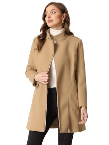 Allegra K Damen Klassischer Mantel mit Gürtel Stehkragen Reißverschluss Winter Overcoat Khaki M von Allegra K