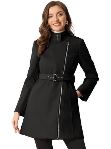 Allegra K Damen Klassischer Mantel mit Gürtel Stehkragen Reißverschluss Winter Overcoat Schwarz S von Allegra K