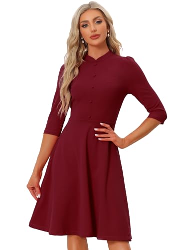 Allegra K Damen Kleid 3/4-Ärmel A-Linie Stehkragen Etuikleider Elegant Business Minikleid Bleistiftkleid Weinrot S von Allegra K