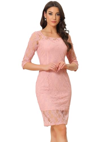 Allegra K Damen Etuikleid Elegant 3/4-Ärmeln Spitze Eckigem Ausschnitt Midi Gerader Schnitt Mini Kleid Rosa S von Allegra K