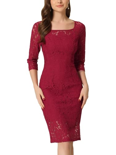 Allegra K Damen Etuikleid Elegant 3/4-Ärmeln Spitze Eckigem Ausschnitt Midi Gerader Schnitt Mini Kleid Weinrot XS von Allegra K