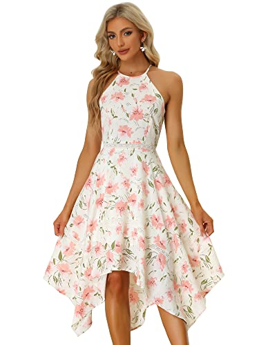 Allegra K Damen Kleid Ärmellos Blumen Sommerkleid Neckholder Unregelmäßig Minikleid Beige XS von Allegra K