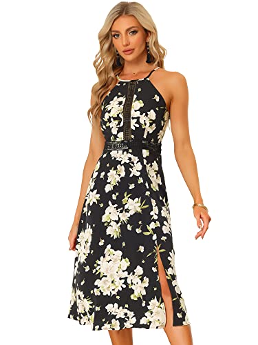 Allegra K Damen Kleid Ärmellos Boho Blumen Neckholder Schlitz Minikleid Schwarz M von Allegra K