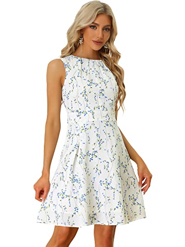 Allegra K Damen Kleid Ärmellos Elegant Hoher Hals Rundhals A-Linie Blumen Minikleid Weiß XL von Allegra K