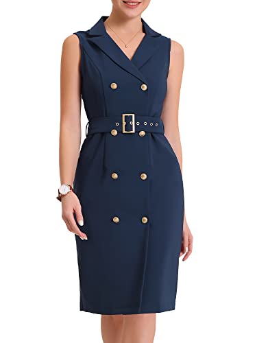 Allegra K Damen Etuikleid Kleid mit Gürtel Ärmellos Gekerbtes Revers Zweireihig Büro Elegant Minikleid Navy blau L von Allegra K