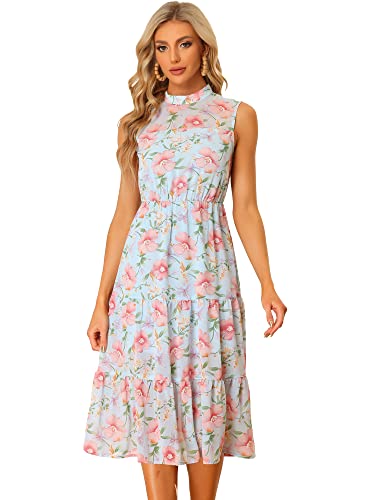 Allegra K Damen Kleid Ärmellos Sommer Blumen Mock Neck Rüschen Gestuftes Strand Midikleid Hellblau XL von Allegra K