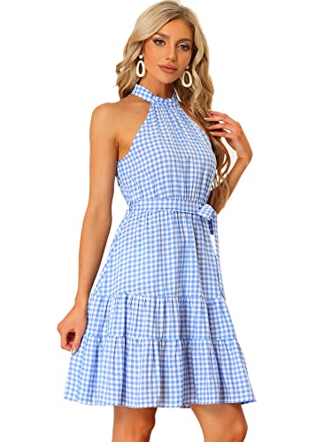 Allegra K Damen Kleid Ärmellos Sommerkleider Kariert Neckholder Gürtel Minikleid Blau XL von Allegra K