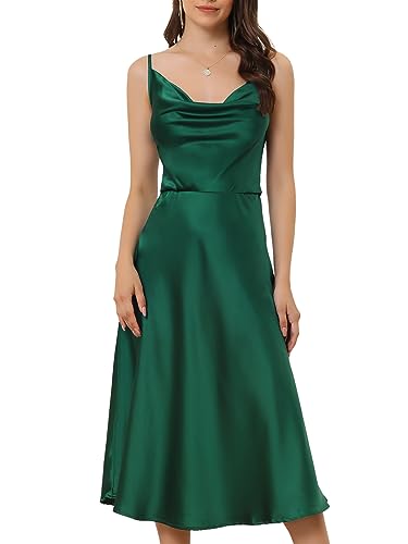 Allegra K Damen Kleid Ärmellos Spaghettiträger Cocktail Party Wasserfallausschnitt Satin Kleider Dunkelgrün S von Allegra K