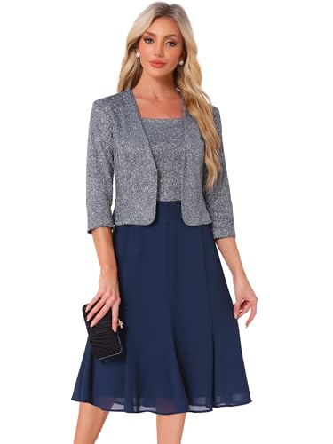 Allegra K Damen Kleid Anzug Sets 2-Teilig Kontrast A-Linie Fließende Kleide Pailletten Jacke Dunkelblau S von Allegra K
