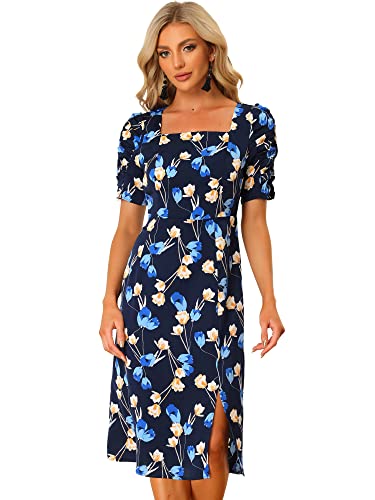 Allegra K Damen Kleid Blumen Eckigem-Ausschnitt Sommer Schlitz Rüschenärmeln Midikleid Minikleid Dunkelblau XS von Allegra K