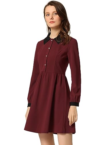 Allegra K Damen Kleid Bubikragen Langarm A-Linie Vintage Kontrast Knopfleiste Minikleid Weinrot M von Allegra K