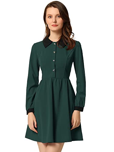 Allegra K Damen Kleid Bubikragen Langarm A-Linie Vintage Kontrast Knopfleiste Minikleid Grün XS von Allegra K