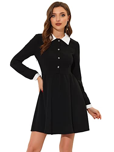 Allegra K Damen Kleid Bubikragen Langarm A-Linie Vintage Kontrast Knopfleiste Minikleid Schwarz L Allegra K Damen Kleid Bubikragen Langarm A-Linie Vintage Kontrast Knopfleiste Minikleid Schwarz L von Allegra K