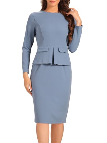 Allegra K Damen Kleid Elegant Figurbetont Bleistiftkleid Rundhalsausschnitt Schößchen Arbeit Knielang Etuikleid Grau Blau L von Allegra K