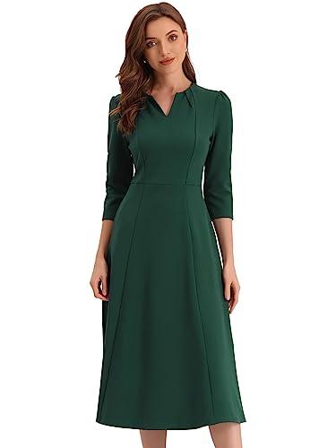 Allegra K Damen 3/4-Ärmeln A-Linie V-Ausschnitt Kleid Taschen Arbeit Elegantes Midikleid Dunkelgrün M von Allegra K