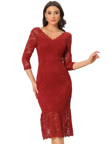 Allegra K Damen Kleid Elegantes Bodycon V-Ausschnitt 3/4 Ärmeln Blumen Spitze Rüschen Meerjungfrau Kleid Burgunderrot S von Allegra K