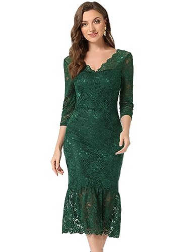 Allegra K Damen Kleid Elegantes Bodycon V-Ausschnitt 3/4 Ärmeln Blumen Spitze Rüschen Meerjungfrau Kleid Dunkelgrün M von Allegra K