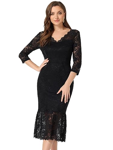 Allegra K Damen Kleid Elegantes Bodycon V-Ausschnitt 3/4 Ärmeln Blumen Spitze Rüschen Meerjungfrau Kleid Schwarz S von Allegra K