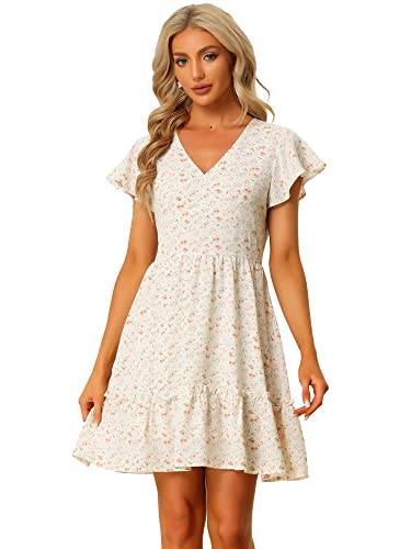 Allegra K Damen Kleid Flügelärmeln Rüschen V-Ausschnitt Rüschensaum Blumen Sommerkleid Weiß S von Allegra K