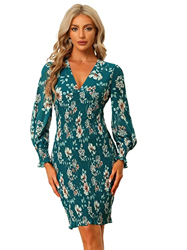 Allegra K Damen Kleid Gerafft Langarm Figurbetont Gesmokt Blumenmuster V-Ausschnitt Minikleid Blau Grün S von Allegra K