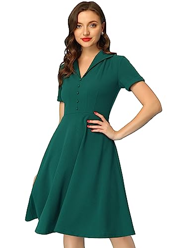 Allegra K Damen Kleid Kurzarm 1950er Retro Vintage V-Ausschnitt Knopfleiste A-Linie Swing Minikleid Kleid Dunkelgrün S von Allegra K