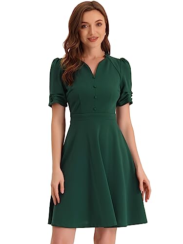 Allegra K Damen Kleid Kurzarm A-Linie Elegant Business Etuikleid Plissiert Minikleid Kleid Dunkelgrün S von Allegra K