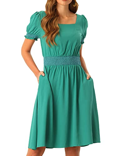 Allegra K Damen Kleid Kurzarm Eckigem Ausschnitt A-Linie Rüschen Taille Minikleid Grün XS von Allegra K