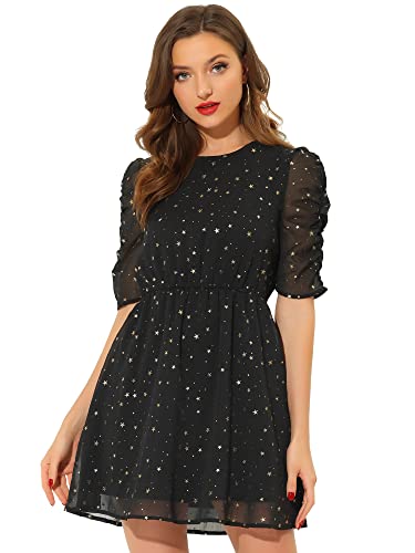 Allegra K Damen Kleid Kurzarm Vergoldete Metallic Sterne A-Linie Puffärmel Minikleid Schwarz L von Allegra K