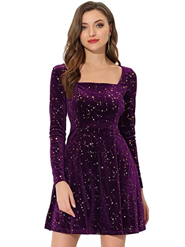 Allegra K Damen Kleid Langarm Party Festlich Quadratischer Kragen Samt Stern Abendkleider Dunkel Lila M von Allegra K