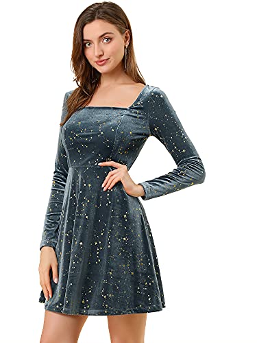 Allegra K Damen Kleid Langarm Party Festlich Quadratischer Kragen Samt Stern Abendkleider Grau XL von Allegra K