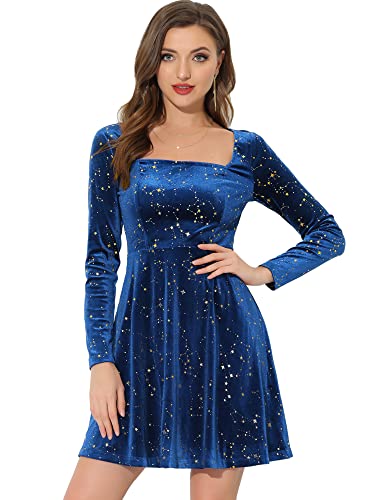 Allegra K Damen Kleid Langarm Party Festlich Quadratischer Kragen Samt Stern Abendkleider König Blau L von Allegra K