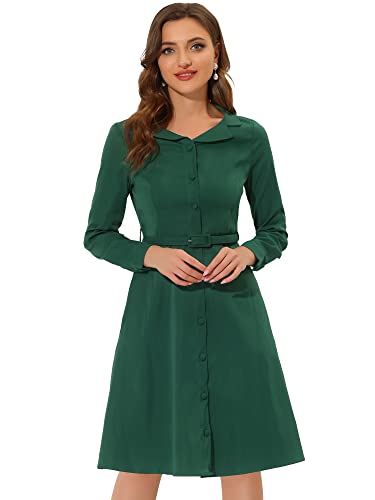 Allegra K Damen Kleid Langarm Gekerbter Kragen mit Gürtel Lässig Hemdkleid Minikleid Dunkelgrün S von Allegra K