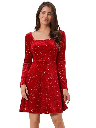 Allegra K Damen Kleid Langarm Party Festlich Quadratischer Kragen Samt Stern Abendkleid Weinrot XL von Allegra K