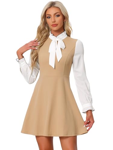 Allegra K Damen Kleid Langarm Puffärmeln Rüschenkragen Vintage Schleife Minikleid Khaki M von Allegra K