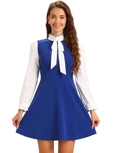 Allegra K Damen Kleid Langarm Puffärmeln Rüschenkragen Vintage Schleife Minikleid Königsblau L von Allegra K