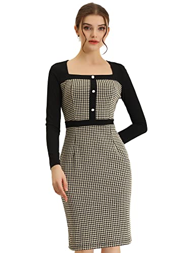 Allegra K Damen Kleid Langarm Quadratisch Ausschnitt Vintage Colorblock Hahnentritt Etuikleid Khaki-Schwarz L von Allegra K