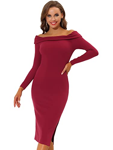 Allegra K Damen Kleid Langarm Schulterfrei Figurbetont Party Elegant Einfarbig Abendkleid Midikleid Weinrot L von Allegra K