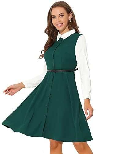 Allegra K Damen Kleid Langarm Umlegekragen Durchgeknöpft Taillengürtel Vintage Hemdkleid Grün S von Allegra K