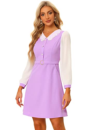 Allegra K Damen Kleid Langarm V-Ausschnitt Knopfleiste Lace Panel Colorblock Minikleid Hell Lila L von Allegra K