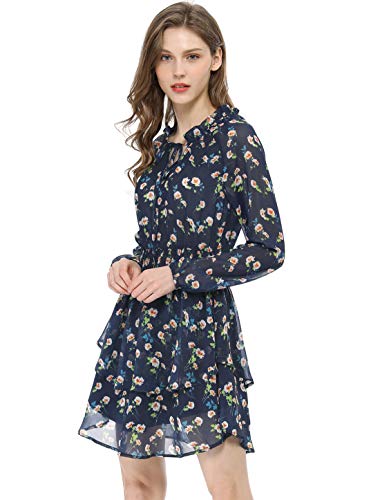Allegra K Damen Kleid Langarm V-Ausschnitt Rüschen Chiffon Blumenmuster Minikleid Dunkelblau XS von Allegra K