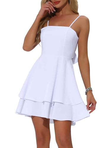 Allegra K Damen Kleid Mit Spaghettiträgern Rückenfrei Schleife Gestuften Rüschen A-Linie Mini Partykleider Weiß M von Allegra K