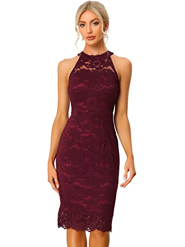 Allegra K Damen Spitzenkleid Ärmellos Figurbetontes Elegantes Etuikleid Neckholder Kleid Burgund M von Allegra K