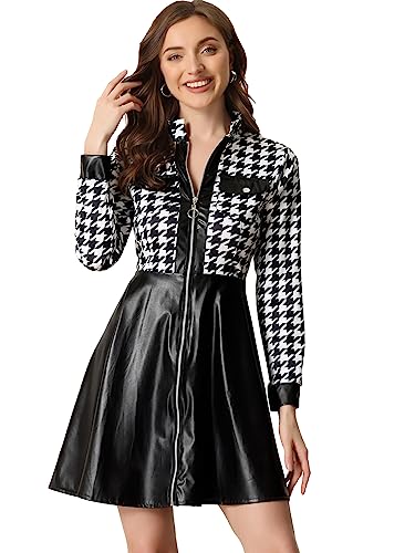 Allegra K Damen Kleid PU-Kunstleder Hahnentrittmuster Patchwork Reißverschluss Club Party A-Linie Minikleid Schwarz XS von Allegra K