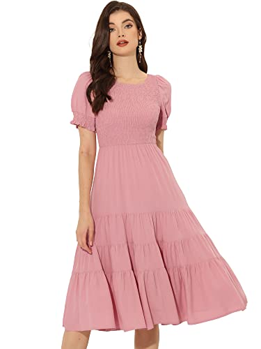 Allegra K Damen Kleid Rundhals Gesmokt Abgestuft Elastische Puffärmel Lässig A-Linien Minikleid Rosa S von Allegra K