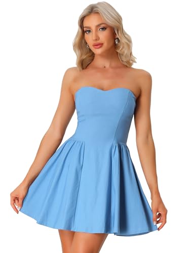 Allegra K Damen Kleid Sexy Trägerlos Schulterfrei A-Linie Party Rüschen Elegant Minikleid Blaue L von Allegra K